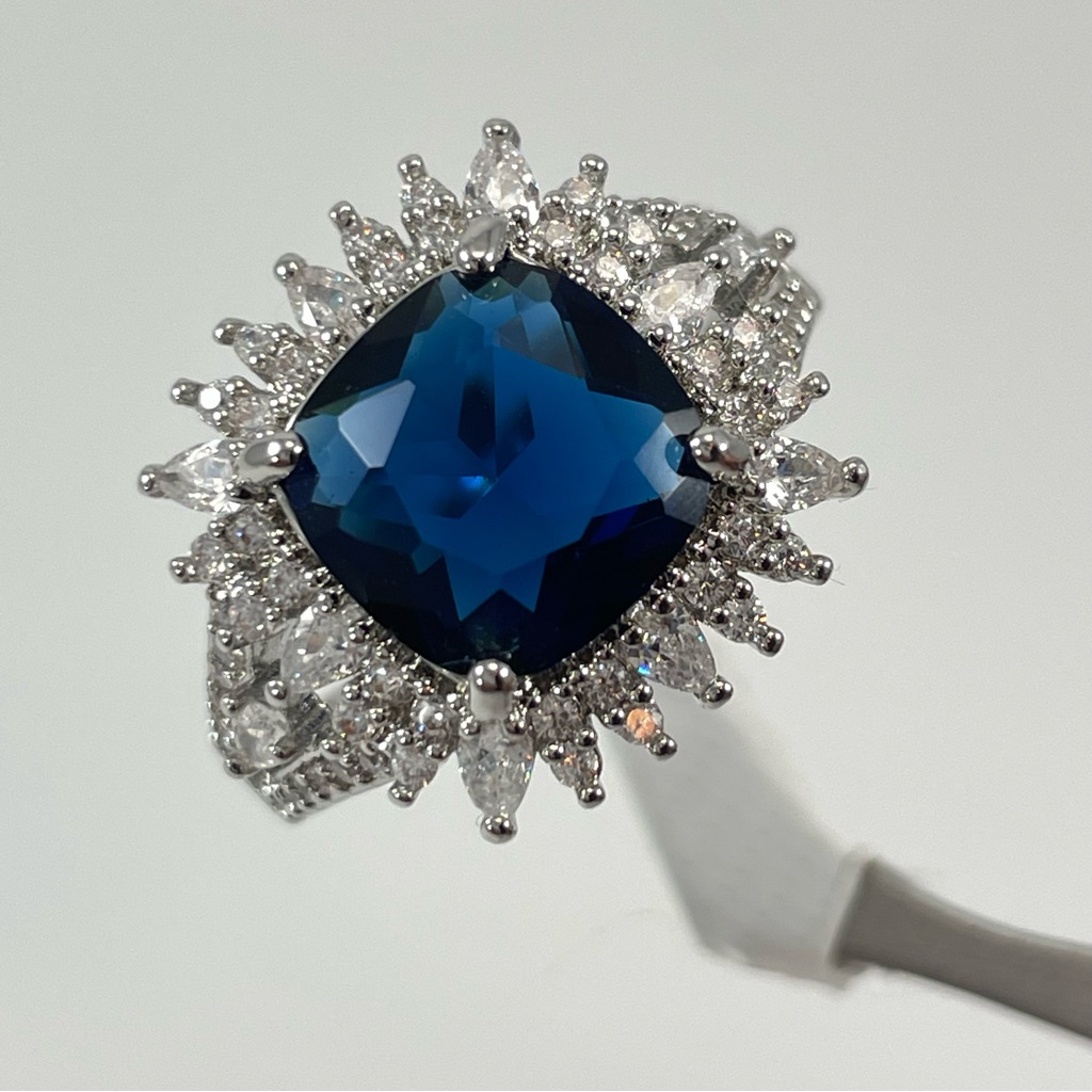 Exquisite Statement Blue Sapphire Diamond Cz Cushion Cut Halo Silver Plated Ring 60$